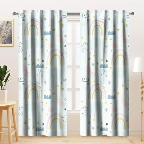 Kzzfqxb 117x138cm Tende per Bambini 2 Pannelli, Arcobaleno Pioggia Nuvole Cartoni Animati per finestre, Azzurro Decorazione Infantile per Bambini Ragazze Camera da Letto Asilo Nido Soggiorno