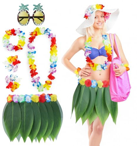 Aomig Jupe Hawaïenne en Herbe, 5Pcs Ensemble Jupe Hawaiian en Feuilles de Palmier Inclure Fleur Leis Collier Bandeau Bracelets Lunettes de Soleil, Tropical Costumes de Fête Hawaïenne