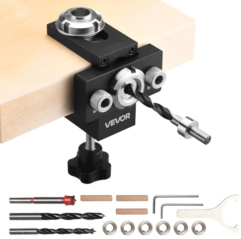 VEVOR Doweling Jig Kit, Self Centering Dowel Drill Jig for Straight Holes, Aluminum Alloy Woodworking Joints Tool with 3 Size Drill Bits 6.4/7.9/15 mm, Adjustable Width, for Wood Working