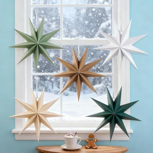 9-Pointed 12 Inch Paper Star Lanterns Christmas Decorations 5PCS, Kizozo Hanging Paper Stars Christmas Decorations for Indoor Outdoor Windows, Xmas Tree Ornaments in Sage Green, White & Khaki