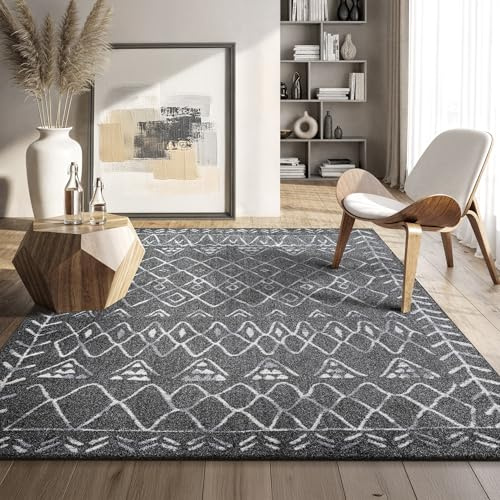 SANAT Boho Teppich – Moderner Teppich im Boho Stil, Geeignet für Wohnzimmer, Schlafzimmer, Flur, Esszimmer und Kinderzimmer – Boho Grau, Größe: 80 x 150 cm