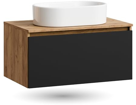 Planetmöbel Arisa Waschtisch mit Unterschrank 80 cm Gold Eiche | schwarz, Waschbecken 55 cm weiß, Raumsparsiphon