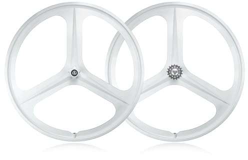 QUYCOIU 700C Fahrrad-Laufradsatz 3 Speichen Fixie-Laufradsatz Magnesiumlegierung V-Bremse Starrachse 100/120Mm Naben Für Single Speed Bahnrad Vorder-Und Hinterrad 27Mm Breite(White,Front+Rea)