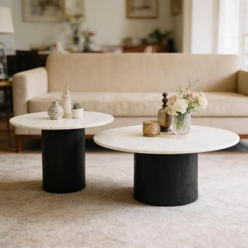 IDIMEX Couchtischset GANGA/YAMUNA mit Tischplatte aus Marmor, Weiß/Schwarz - Runder Beistelltisch im 2er Set, rundes Holzgestell aus Akazie, Wohnzimmertisch, Coffe Table