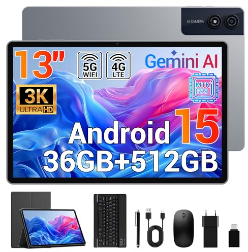 Tablette 13 Pouces avec Clavier, Écran 3K 2944*1840 90Hz, 36GB RAM+512GB ROM/1TB TF, 4G LTE+5G WiFi, G99 Gemini AI Tactile Tablets Gaming Android 15, Widevine L1/Face ID/11580mAh/GPS, avec Stylet/Étui