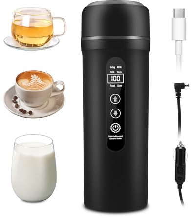 12V/24V Auto Reise Elektrischer Wasserkocher, 500ml Auto Wasserkocher mit Anti-Spill Deckel, 316 Edelstahl, 40~100℃ Einstellbar, LCD-Display Reise Heizbecher für Tee,Kaffee,Babymilch Auto Camping