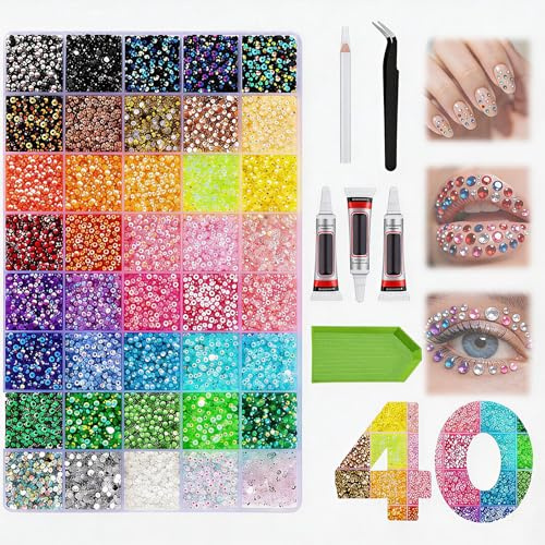 Wsndyjia 40 Colors 32000Pcs Rhinestone Kit for Bedazzling, Bedazzler Kit, Colorful Rhinestones with Tools for Bedazzling, Rhinestones Bedazzler for Nail Craft Clothes Diamond Art