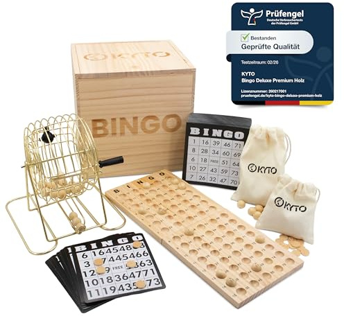 Kyto Bingo Spiel Deluxe Set – Gold Metall Trommel & Holzbox – 75 Kugeln, 150 Chips, 18 Wiederverwendbare Bingokarten + 500 Stift-Karten – Gesellschaftsspiel für Familie, Party & Senioren