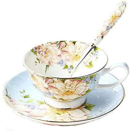 SudaTek Teeset aus feinstem Porzellan mit Goldrand im Alten Stil, bestehend aus Tasse, Untertasse und Löffel mit Geschenkverpackung; Tischkultur und Tischdekoration blau/rosa