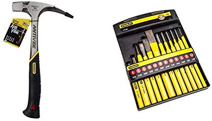 Stanley FatMax Antivibe Latthammer (600 g Kopfgewicht, 340 mm Länge, ergonomischer DynaGrip-Griff) 1-51-937 & Meissel-, Körner- und Durchschläger-Set (12-teilig, Chrom-Vanadium Stahl) 4-18-299