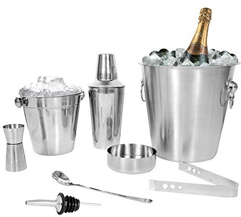 Kosma 8 Piece Stainless Steel Cocktail Making Set, Bar Tool set (Includes Cocktail Shaker, Champagne Bucket, Ice Bucket, Jigger, Mixing Spoon, Ashtray, Wine Pourer, Ice Tong)