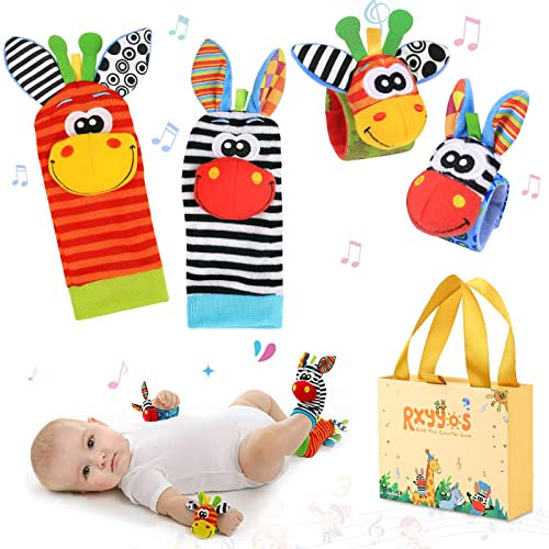 RXYYOS 4Pcs Bébé Poignet et Chaussettes Hochet Jouets Ensemble Poignet de Bell Strap hochets et Chaussettes Pied Finder Animal Bébé Chaussettes De Pied avec Jouet (Style 1)