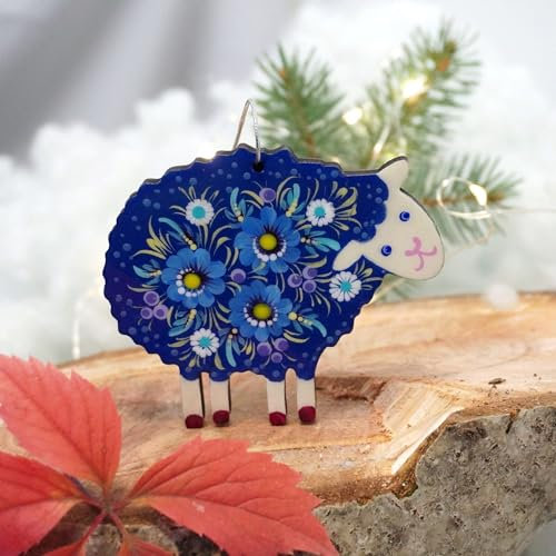 Schäfchen Christbaumschmuck aus Holz 9 х 8 х 0.5 cm Handbemalter Schaf-Weihnachtsschmuck und Osterdekoration in Traditioneller Ukrainischer Handarbeit gefertigt