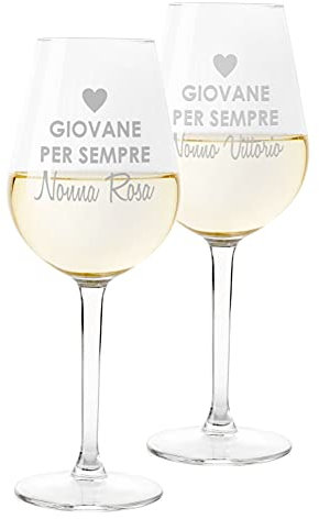 Colorfamily Coppia Calici Personalizzati Set da 2 calici Vino Personalizzati con Nome Nonno Nonna Giovane per Sempre - Bicchiere in Vetro 500 ml