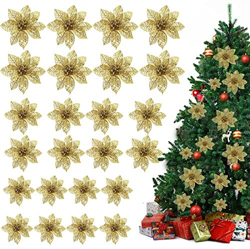 24 Stück Kunstblumen Weihnachten Künstlicher Weihnachtsstern Weihnachtsbaum Deko,Weihnachtsster Künstlich Blumen Christbaumschmuck,Künstlicher Weihnachtsstern für Weihnachtsbaum Ornamente Dekoration