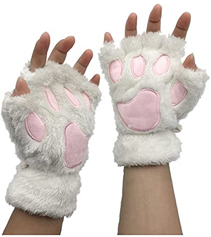 DIPT Frauen Bär Plüsch Katze Pfote Klaue Handschuhe Winter Faux Pelz Niedlichen Kätzchen Finger Weihnachten Halloween Für Frauen Mädchen Abdeckung Weibliche (Weiß)