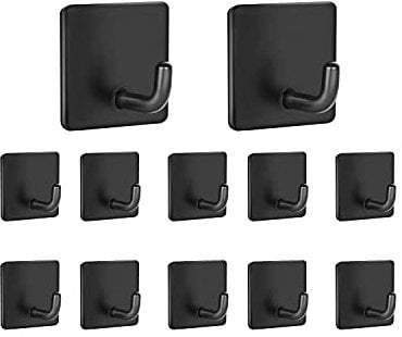 IZRA Self Adhesive Hooks 12 Pack Stick on Hooks Holder for Tea Towel ,Kitchen,Coat ,Bathrooms,Sticky Wall,Waterproof and Rustproof,Black