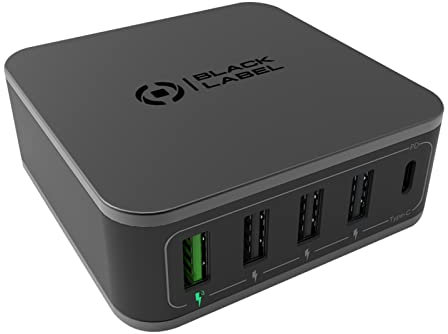 Celly, Power Station Linea Black Label, Power Bank con 4 porte USB e 1 porta USB-C, Tecnologia Power Delivery e Qualcomm QC30, Carica Simultanea Fino a 5 Dispositivi, Caricabatterie da Scrivania