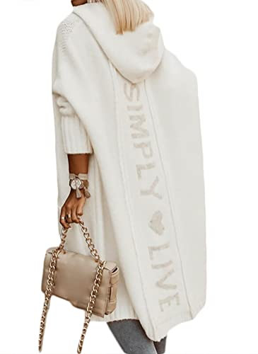 Onsoyours Damen Strickjacke mit Kapuze Buchstabe Casual Cardigan Damen Strickmantel Strickpullover Herbst Winter Outwear mit Taschen und Langarm Weiß L