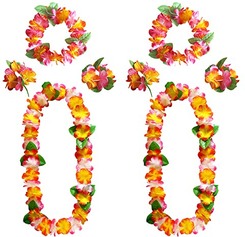Soneinex Hawaii Blumenkette Set 8 Stück Hawaii Kette Blumen mit 4 Armbänder 2 Stirnbänder 2 Halsketten Hawaii Leis Garlands für Beach Aloha Luau Party Accessoires Hula Girlande