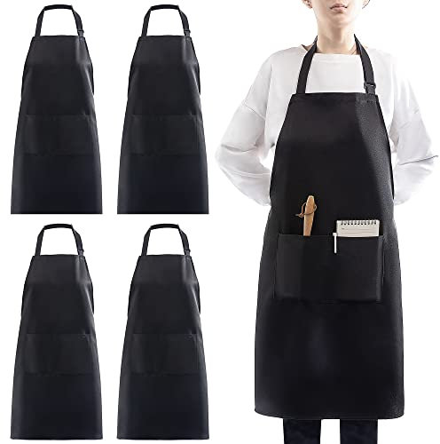 4 Pièce Réglables Tabliers, Noir Unisexe Tablier avec 2 Poches, Professionnel Chef Tablier pour Cuisine, Grillades, Vaisselle, Travail au Restaurant, Serveur, Artiste