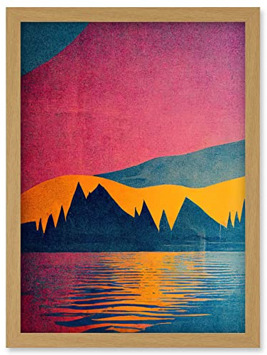 Wee Blue Coo Sunset at Lakeside Modern Colourful Pop Art Design Artwork Framed Wall Art Print A4