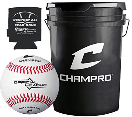 CHAMPRO CBB-40 Baseballs aus echtem Leder in schwarzem Eimer – 30 Bälle und eine Stangenhülle im Lieferumfang enthalten.
