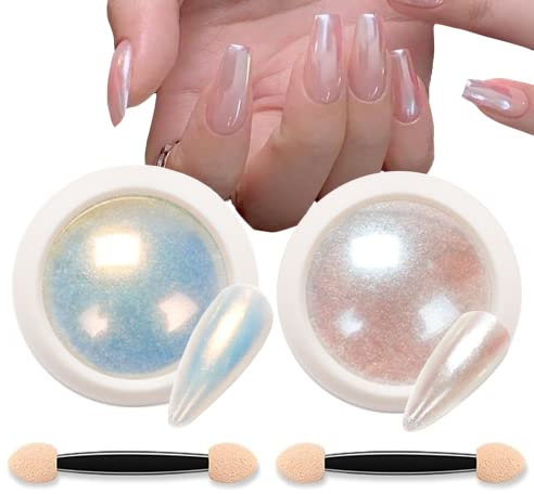 Maggidea 2Pcs Nail Powder, Aurora Powder for Nails, Pearl Effect Nail Powder for DIY Nail Art Decoration to Get Hailey Bieber Nails Pigment Body Face Decoration Manicure Glitter