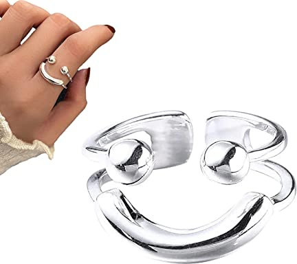 Kreativer Smiley-Ring von Kreativer Lächeln, Statement-Ringe mit lächelndem Gesicht, offener Ring mit Lächeln-Gesicht für Frauen in Silber