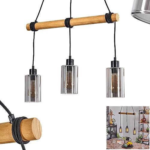 Suspension Hunouri, lampe à suspension en métal/verre en noir/fumée, lampe à suspension avec abat-jour en verre (Ø 10 cm), hauteur max. 106 cm, 3 x E27, ampoule(s) non incluse(s)