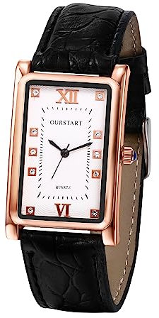 JewelryWe Herrenuhr Leder Rechteckige Uhr: Vintage Analog Quarz Armbanduhr Herren Schwarz Lederarmband Beiläufige Uhr mit Eckigem Römischen Ziffern Strass Zifferblatt Geschenk für Männer Junge