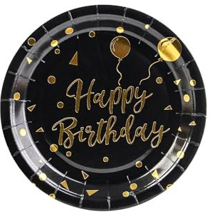 EVYIENEN 50PCS Happy Birthday Party Paper Plates,7inch Disposable Black and Gold Plates Set Party Tableware Party Supplies for Birthday Decorations