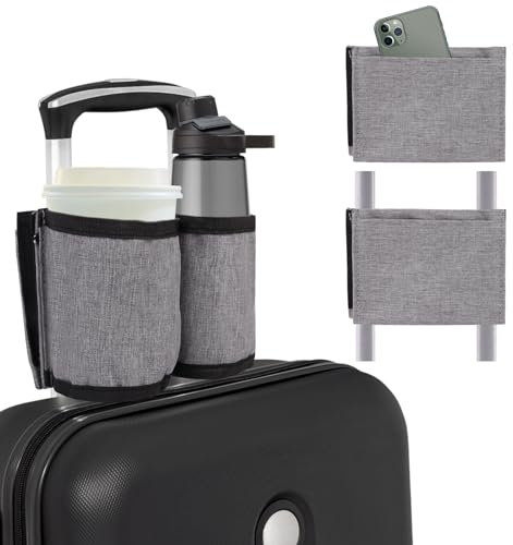 Suitcase Cup Holder, Luggage Travel Cup Holder Suitcase Drink Holder Attachment Drinks Carrier for Drink Beverages Coffee Mugs fits Roll on Suitcase Handles Travel Accessories-Grey