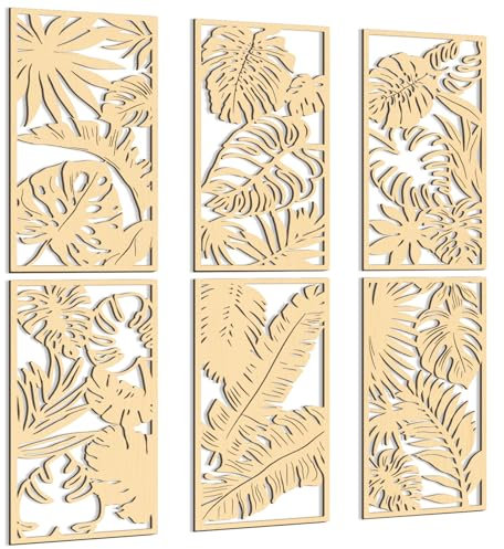 Menkxi Lot de 6 feuilles de palmier tropicales de 40 x 20 cm - Décoration murale abstraite bohème en bois sculpté 3D pour maison, chambre à coucher, salle de bain, cuisine, salon