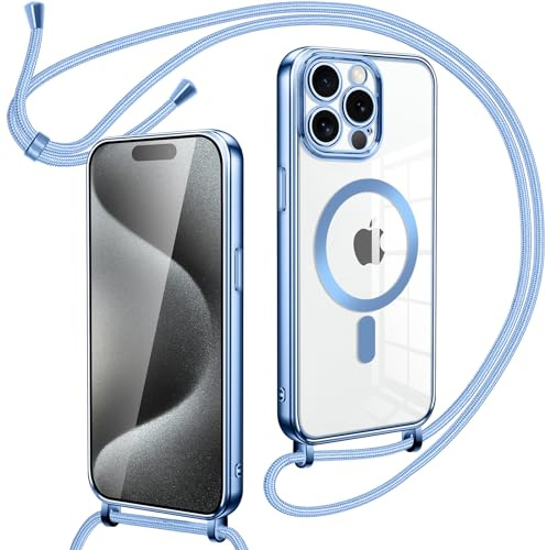 Oelrstfe Magnetische handyband mit Band für iPhone 15 Pro Hülle - Necklace HandyHülle Transparente zum Umhängen mit justierbarer und Abnehmbarer Kette, Crossbody Magnet Clear Cover - Blau