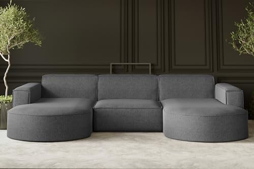 Kaiser Möbel, Sofa Modena, Designer u-Form Sofa, Modern Design Couch, Polsterecke, Freistehend, Verita Stoff Stahl Breite: 299 cm