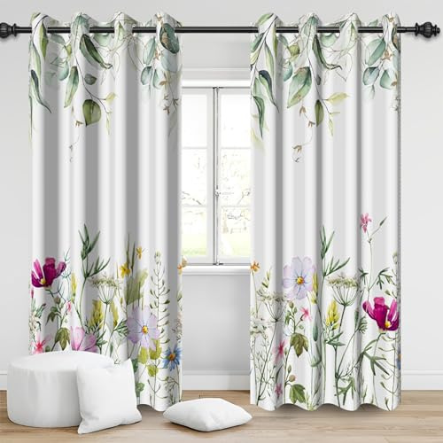 Bovlleetd Pflanzen Blumen Verdunkelungsvorhänge 117x138cm grüne Botanische Blätter Zweige Bunte Floral Fenster Behandlung Polyester Thermisch isolierte Vorhänge Dekor für Home Wohnzimmer Schlafzimmer