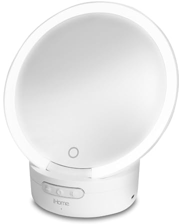 iHome Makeup Mirror with Lights and Bluetooth Speaker, Travel Mirror is Portable and Rechargeable – White (iCVBT9W.EXv24)