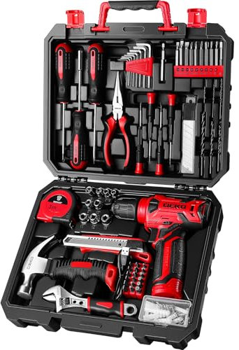 DEKOPRO - Juego de herramientas con taladro inalámbrico rojo de 8 V, kit de herramientas para el hogar con taladro, kits de herramientas manuales para mujeres, 126 piezas
