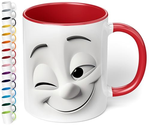 True Statements Emotion Büro Keramik-Tasse „Zwinkerndes Gesicht“ - 330ml Kaffeebecher - Face Mug - Geschenke für Kollegen (Rot)