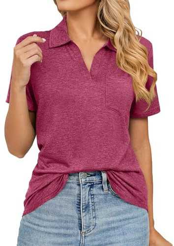 Poloshirt Damen Kurzarm Golf T-Shirt Sommer V-Ausschnitt Polohemd mit Brusttasche Business Solid Color Kurzärmeliges Sportshirt für Polo Tennis Slim fit Frauen Oberteile Beiläufige Golfshirt