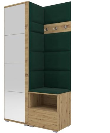 Garderoben-Set Nela I mit Spiegel, 100cm Flurgarderobe mit Wandpaneele, Kompaktgarderobe mit Schuhschrank, Inklusive Montagekleber, Praktischer Garderobe (Artisan Eiche + Flaschengrün (Trinity 28))