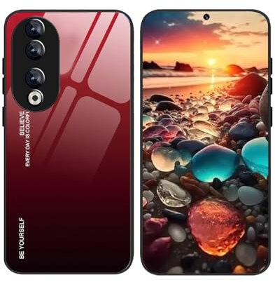 YUECXIN Cover per Honor 90 5G, Ultra Sottile Molle Antiurto TPU Bumper Silicone Custodia, Premio Antigraffio Colore Sfumato Vetro Temperato Retro Case, Rosso Nero