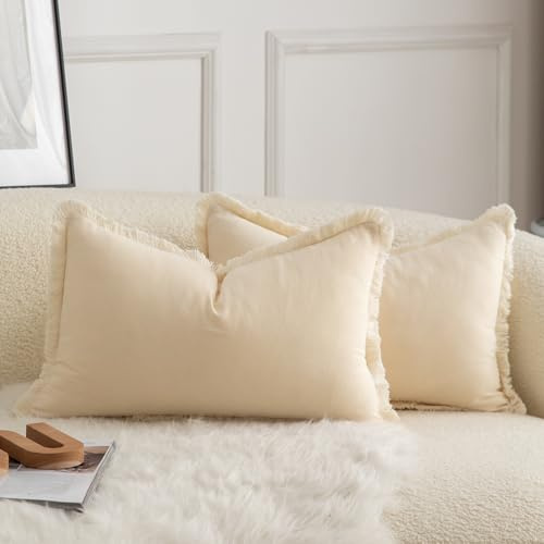 Mandioo 2er Set neutralen Baumwolle Quasten Kissenbezug 40x60cm Dekorative Kissenbezüge Dekokissen Boho Sofakissen Kissenhülle für Couch Sofa Schlafzimmer Wohnzimmer Heimdekoration Beige