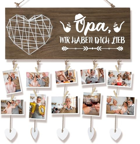 Belillpipi Geschenke für Opa, Opas Geschenke Geburtstag, Holzschild Fotoseil und Holzpflöcke, Wand-Bilderrahmen Dekoration, Geschenke zum Vatertag, Opa Wir Haben Dich lieb Geburstagsgeschenk