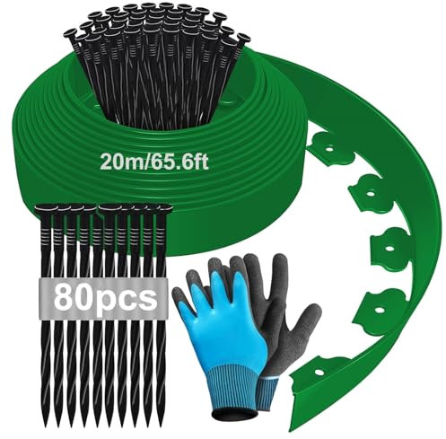 Bordure de Jardin Flexible 20m, Bordure Jardin Exterieur Hauteur 5cm, Bordure Jardin Plastique, Bordurette de Jardin, Garden Edging, Bordure de Tonte, avec Gants et 80 Ongles - Vert