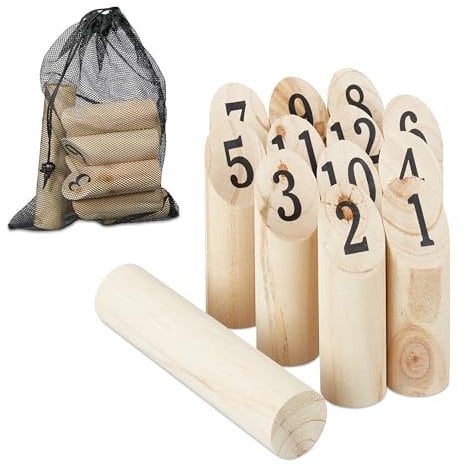 Relaxdays Kubb Wikingerspiel, finnisches Wurfspiel, Holz, Outdoorspiel mit Nummern, Erwachsene u. Kinder, Tasche, Natur