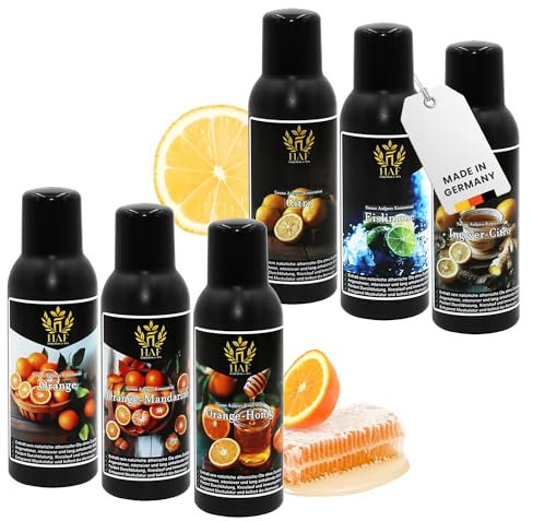 HAF Saunaaufguss Set „Zitrusfrüchte“ - 6 x 250ml Sauna Aufgussmittel Citro, Eislimone, Ingwer-Citro, Orange, Orange Mandarine, Orange-Honig - Saunaduft mit natürlichen ätherischen Ölen & ohne Zusätze