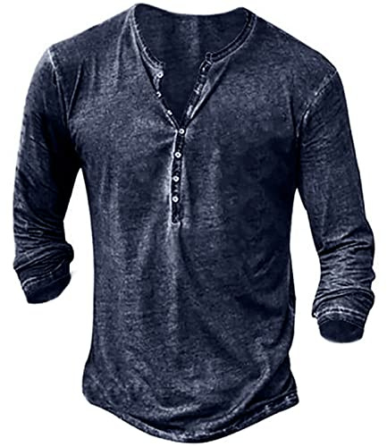 Rodawu Mens Polo Shirts Cotton Muscle Fit T Shirts Button Down Henley Shirts Golf Tops Long Sleeve Dark Blue T Shirt XL