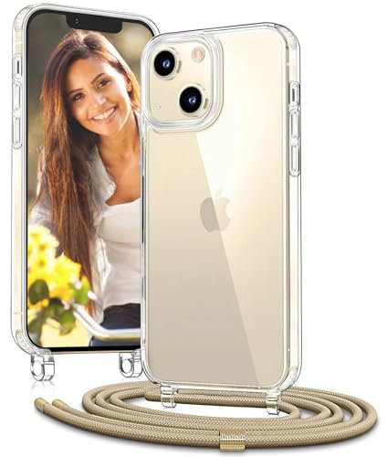 Vaykwo Handykette mit Band für Apple iPhone 15 Hülle - Necklace Handyhülle - Transparente Case zum Umhängen mit Kameraschutz und Bildschirmschutz - Golden